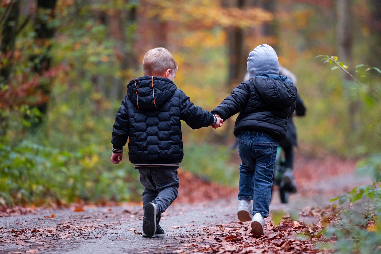 Two children walking hand in hand through autumn leaves